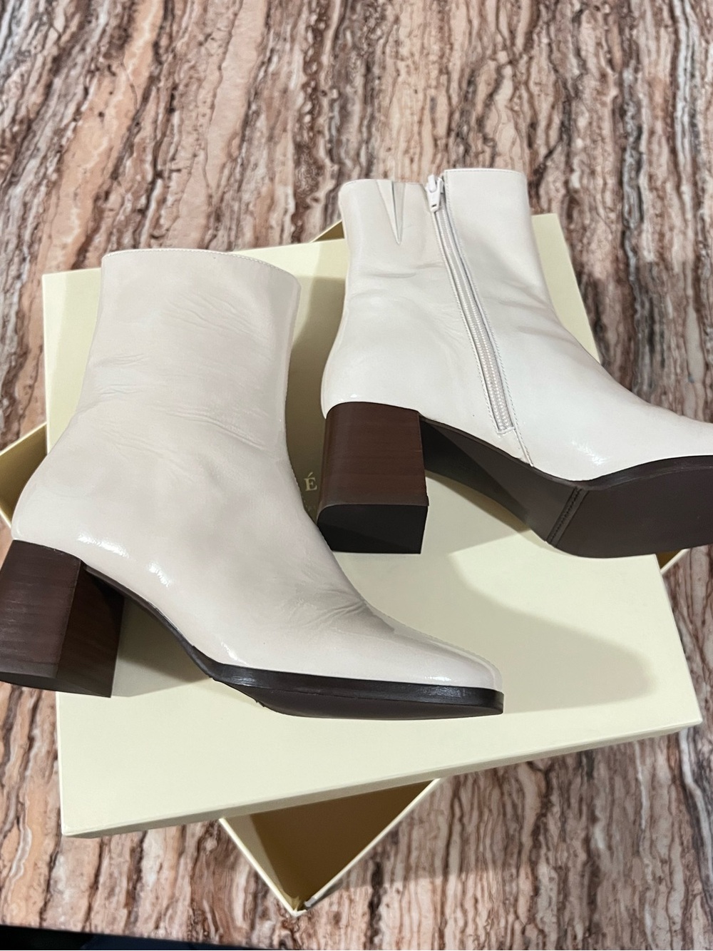 Sezane Cream Leather Ankle Boots with Block Heel - Picture 4 of 7